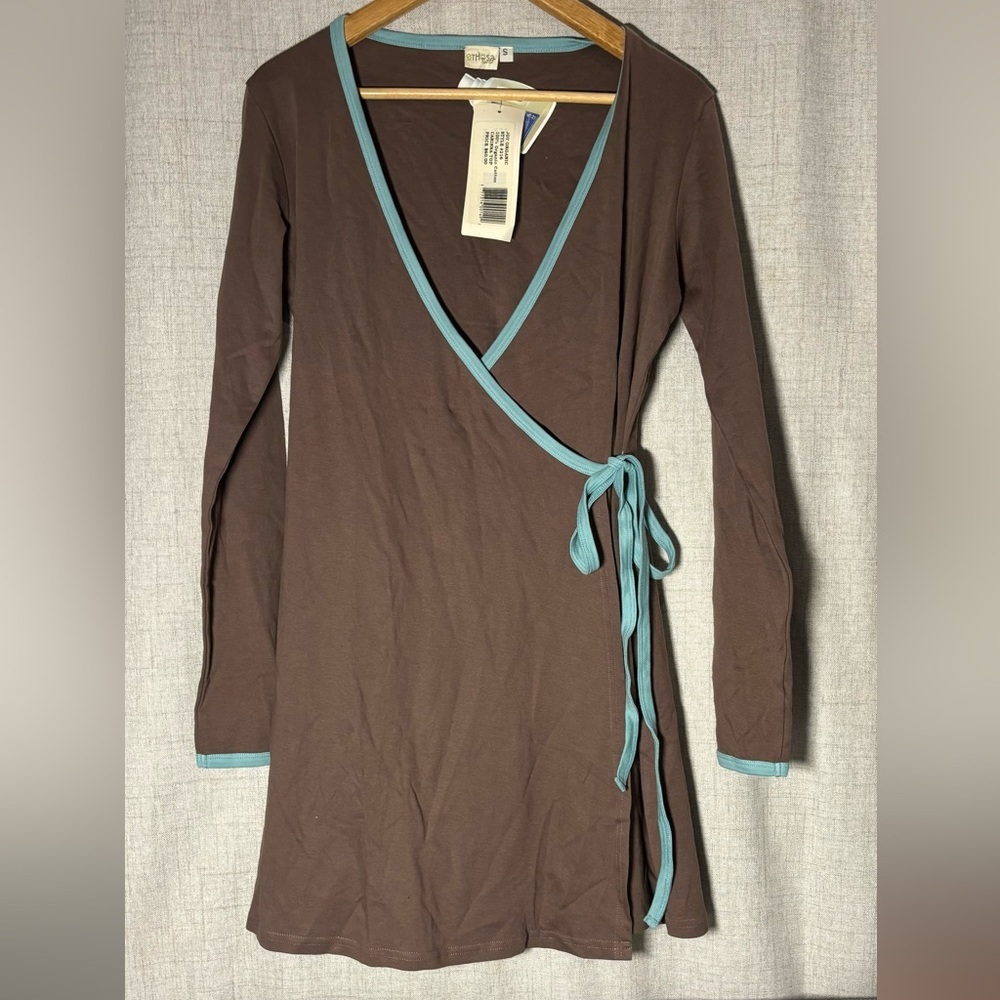 JOY ORGANIC brown & light blue tunic top wrap dress. 100% organic cotton. Soft.